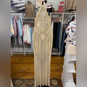 Gold Embellished Backless Halter Gown